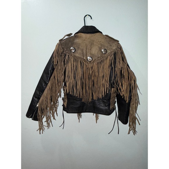 Vintage UNIK Leather Collections Fringed Concho Motorcycle Jacket Brown Black 36 - Picture 2 of 13